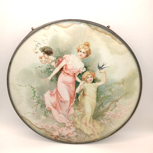Antique Victorian Flue Cover Woman & Cherub Birds Pastel Colors Lithograph 9.5"