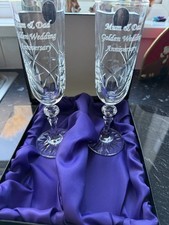 Golden Wedding Anniversary Mom and Dad Champagne Glasses cut crystal 