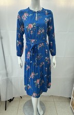 LOFT Petites Blue Floral Tiered Midi Dress 0P Rayon Long Sleeve Ruffle Neck Uk 6