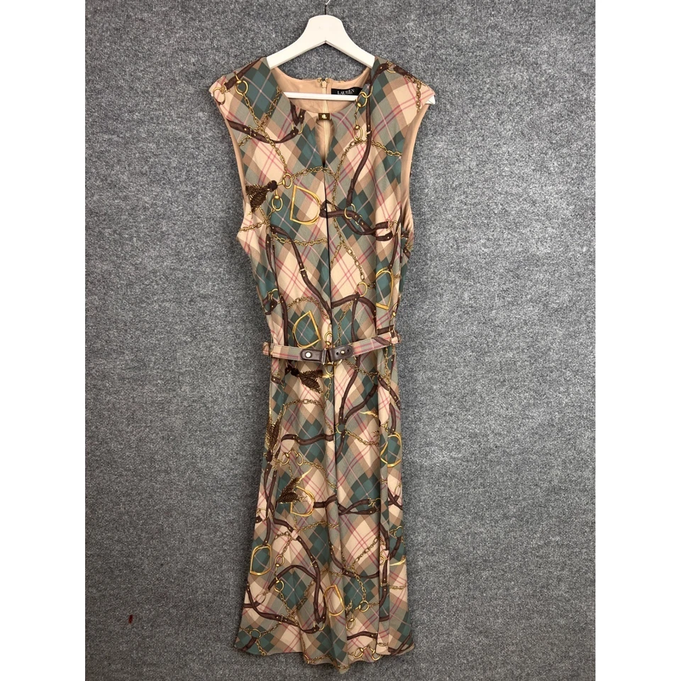 Lauren Ralph Lauren Plaid Belted Georgette Dress Sleeveless Plaid Chain Size 16 - Image 2 of 4