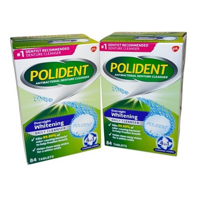 2 Polident Overnight Whitening Antibacterial Denture Cleanser Tablets 168 Count 