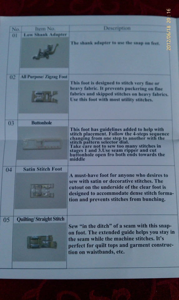 Low Shank Sewing Foot Feet 15 piece Set Singer,Brother,Kenmore, Janome, Pfaff - Image 3 of 4