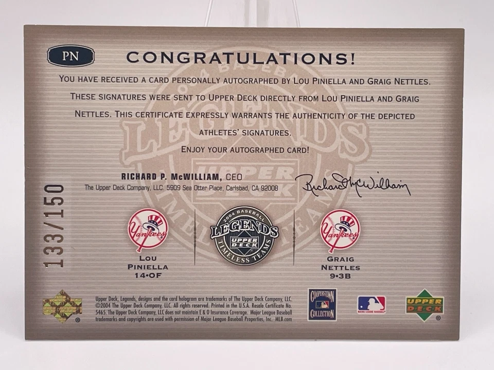 Lou Piniella Graig Nettles 2004 Upper Deck Legends Timeless Teams automático/150 Xe4X Foto 2 de 2