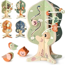 Wooden Activity Cube for Baby - 8-In-1 Montessori Toys for 1 Year Old, Multip...