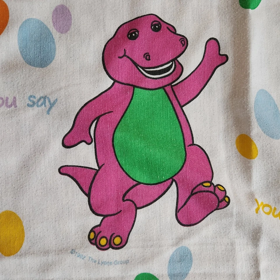 Sábana plana Barney para niños pequeños vintage púrpura dinosaurio ropa de cama 1992 Lyons Group 44x67 Foto 2 de 4
