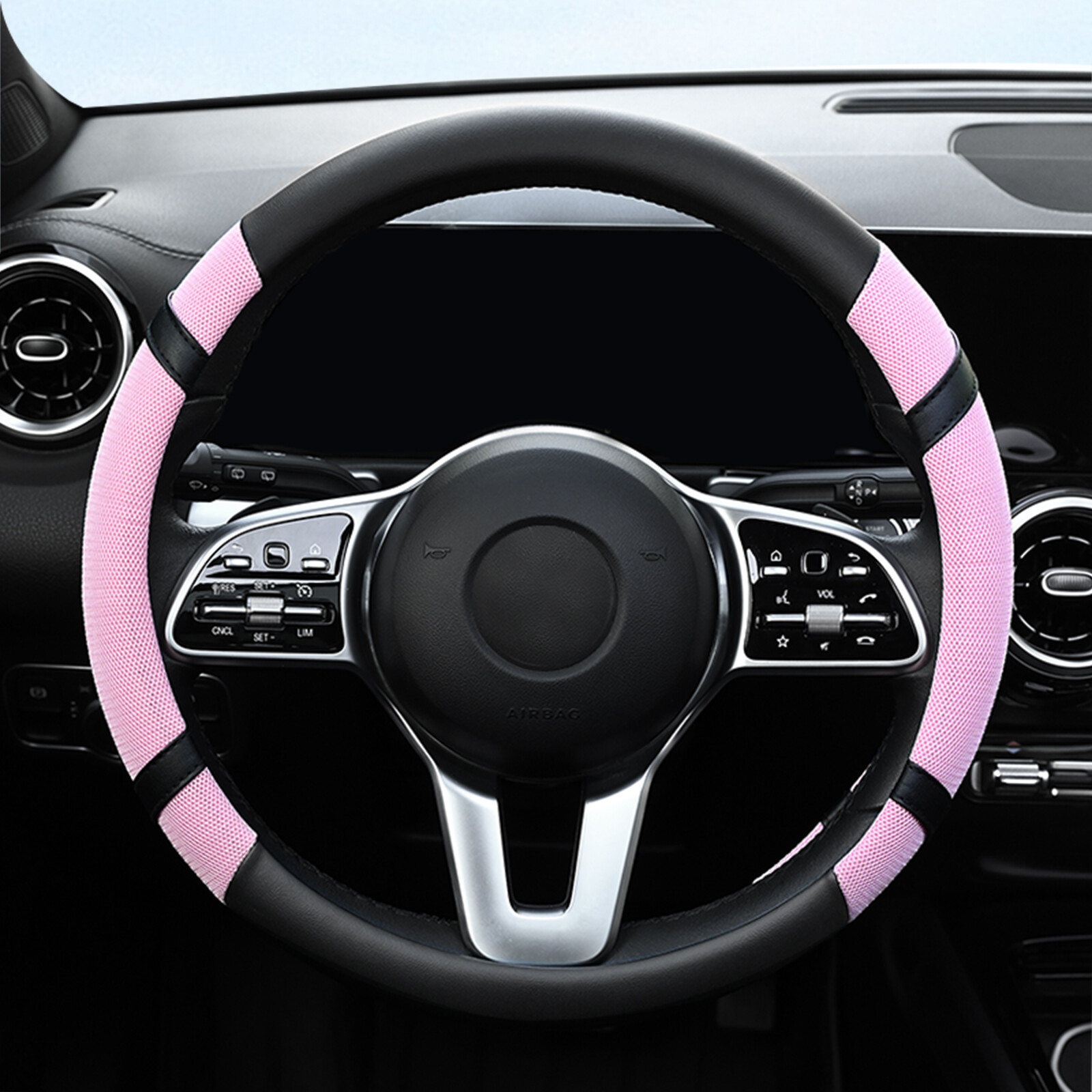 Car Steering Wheel Cover 15'' Leather +  Ice Silk Breathable Non-slip Protector