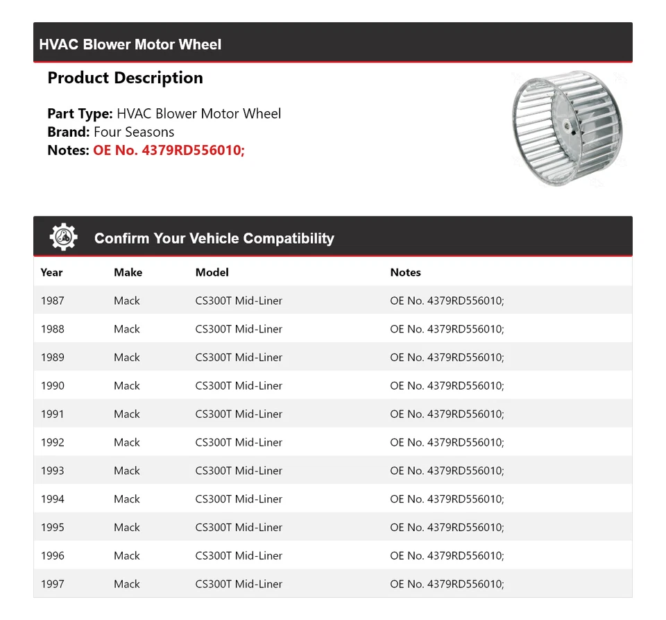For 1987-1997 Mack CS300T Mid-Liner HVAC Blower Motor Wheel 4 Seasons 1988 1989 - Image 2 of 4