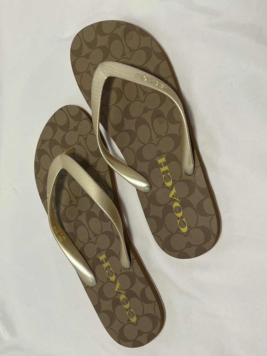 COACH Women Flip Flop Size 10 Khaki/Gold Summer Casual Beach Sandals