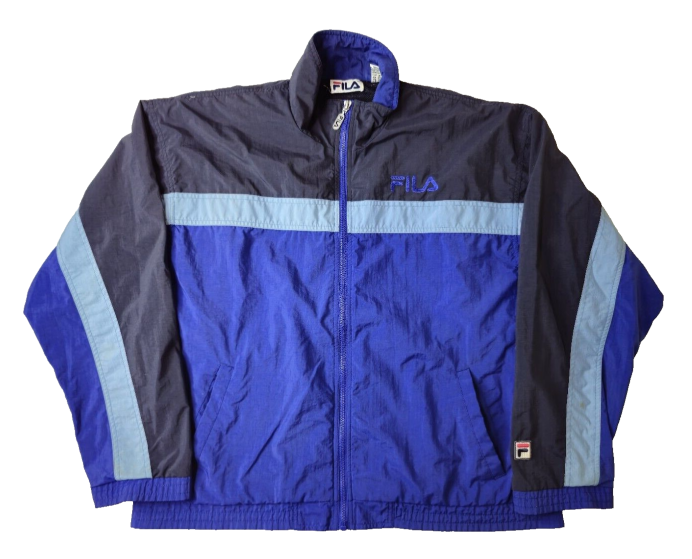 Giacca a vento FILA vintage blu nero a righe full zip uomo grande L