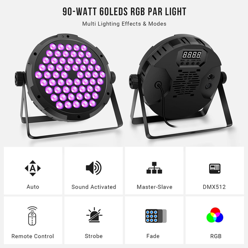 90W 60Leds Par Lights 2Pack - RGB Stage Par Lights Sound Activated by Remote & D - Picture 3 of 6