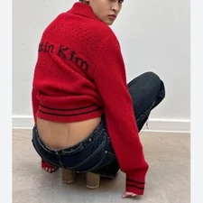 MATIN KIM PUNCHING POINT LOGO KNIT FULL ZIP CARDIGAN SWEATER WOOL ALPACA SMALL