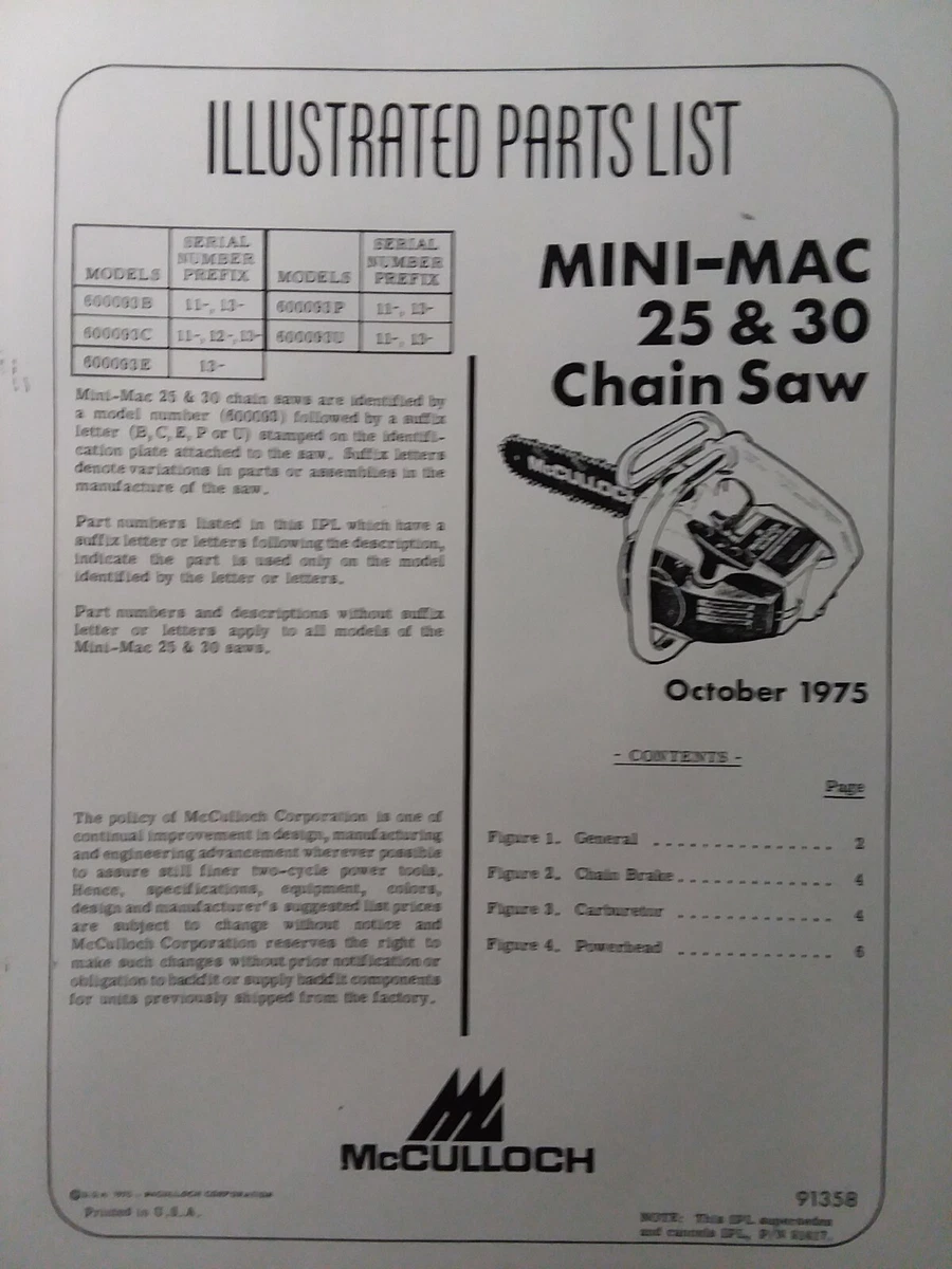 McCulloch Chain Saw MINI MAC 25 30 Parts Manual 2 Cycle Gasoline Chainsaw 1975