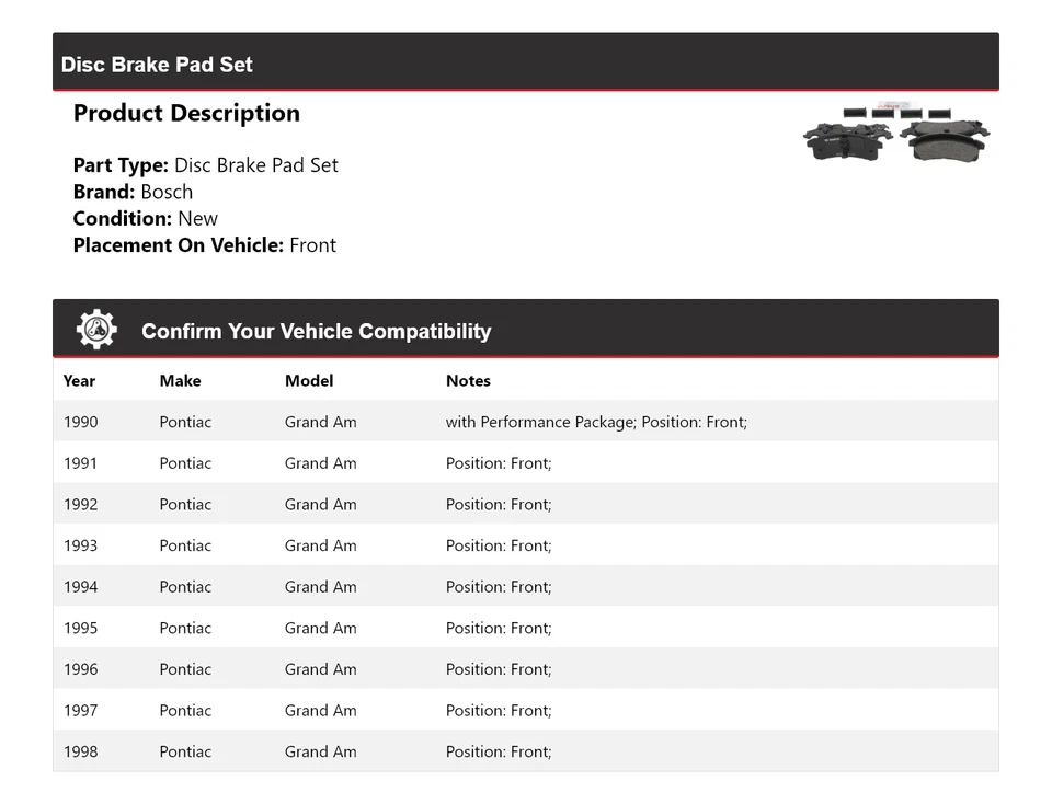 Передние полуметаллические тормозные колодки QuietCast для Pontiac Grand Am Bosch 1990-1998 годов выпуска - Изображение 2 из 4