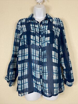 Wendy Bellissimo Womens Size S Sheer Blue Plaid Button Up Blouse Long Sleeve