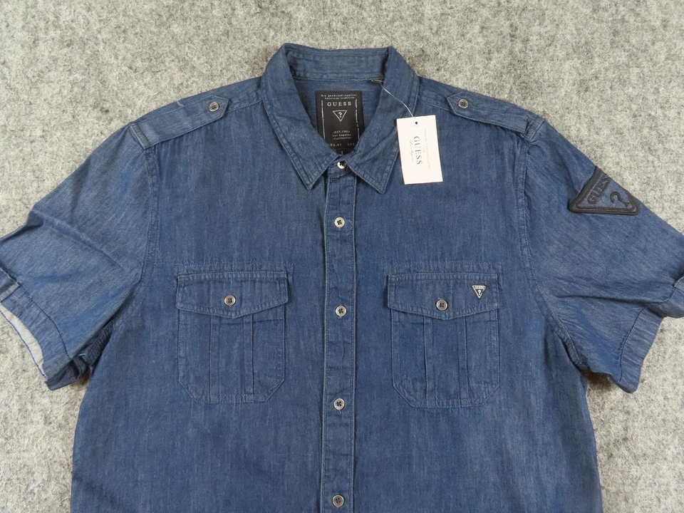 Guess Shirt Mens Large Blue Chambray Denim Dark Wash Slim Fit Short Sleeve NEW - Image 2 of 4
