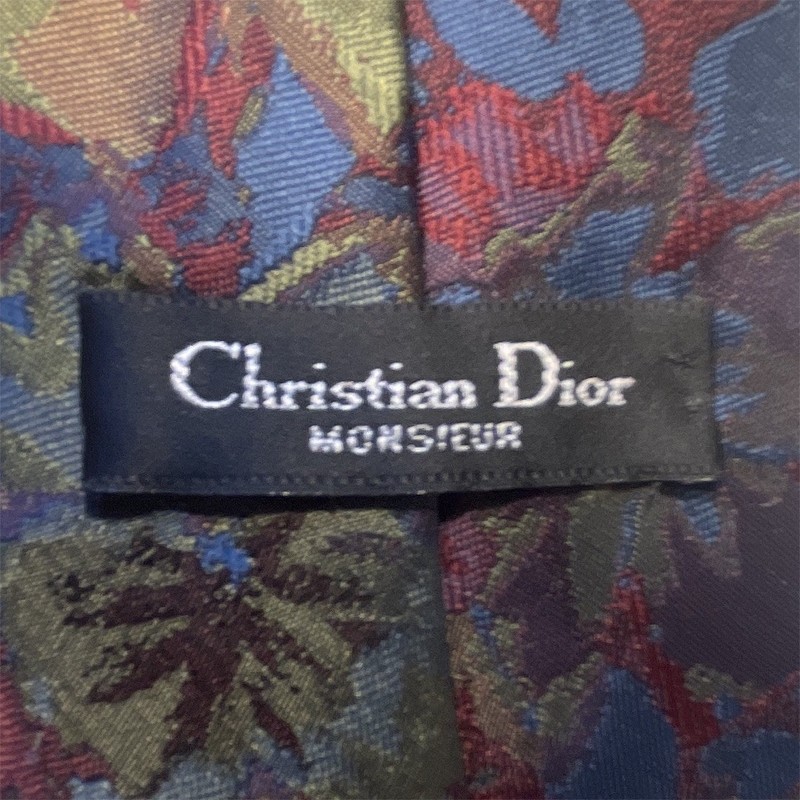 Christian Dior Men's Silk Woven Burgundy/Blue/Green Floral Tie Logo Accent