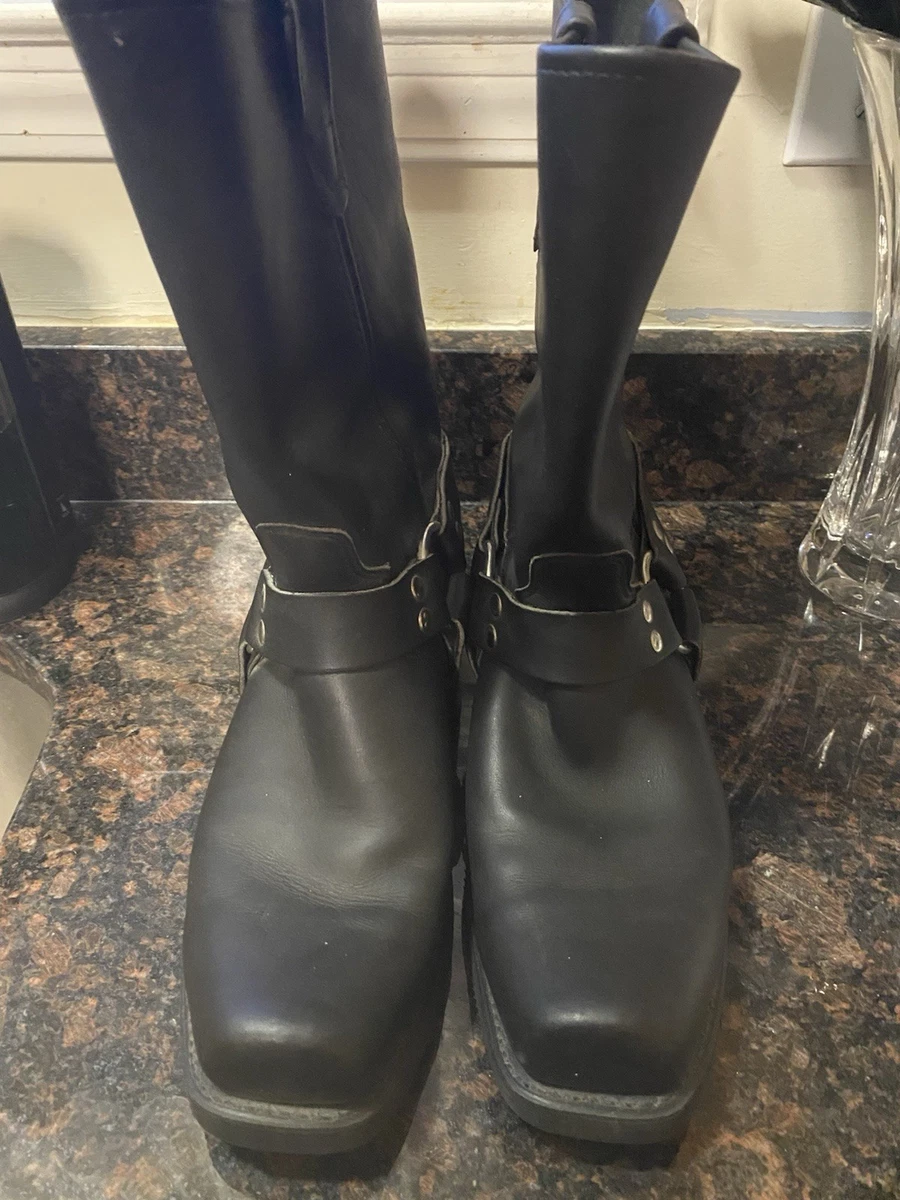 Double H Harness Boots Mens 10.5 D Black Leather Square Toe Biker Grunge USA 90s Double-H Boots with Upper Leather Biker Boots for Men | eBay main image 4