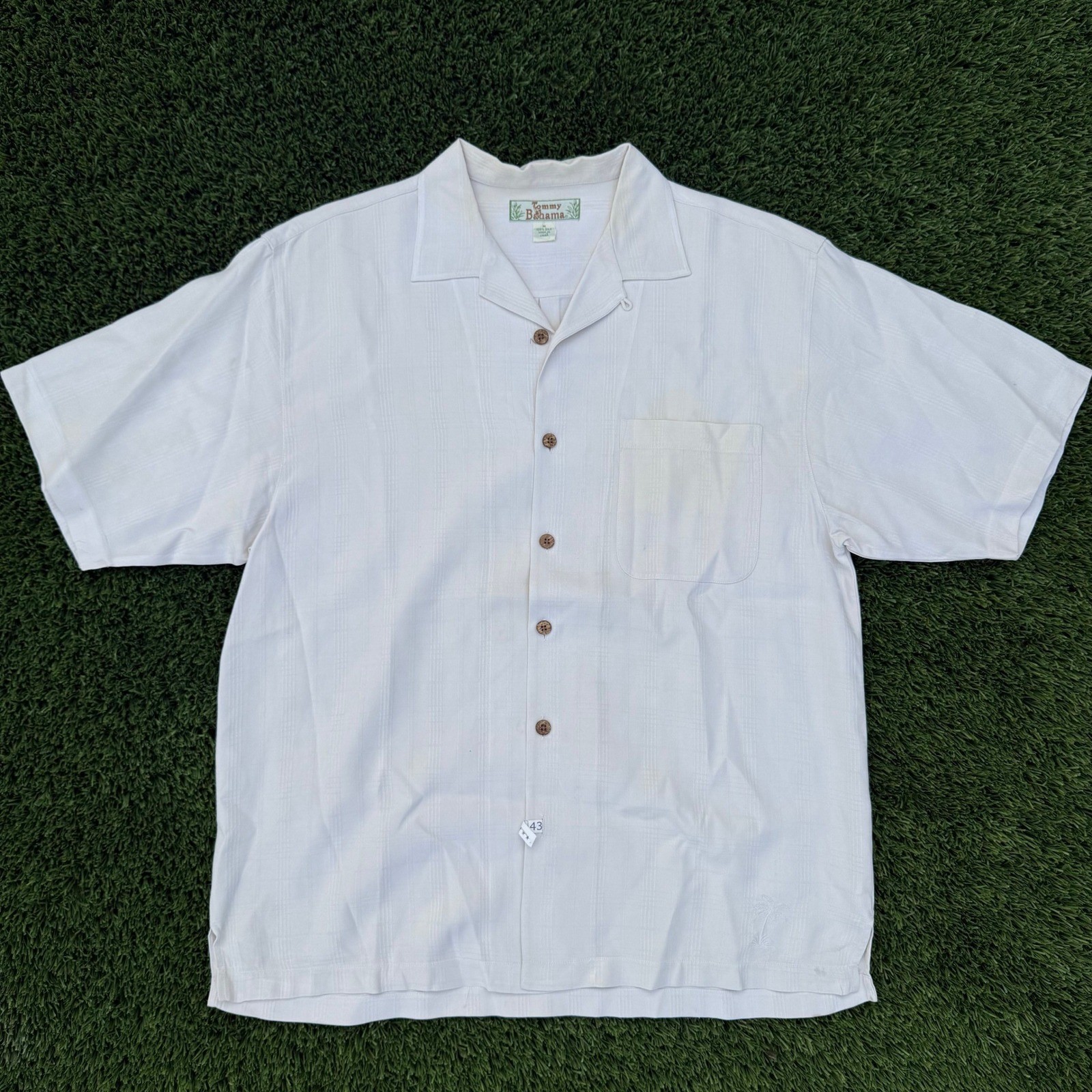 Vintage Tommy Bahama Mens Silk Short Sleeve Button Down Shirt Cream Plaid Size L