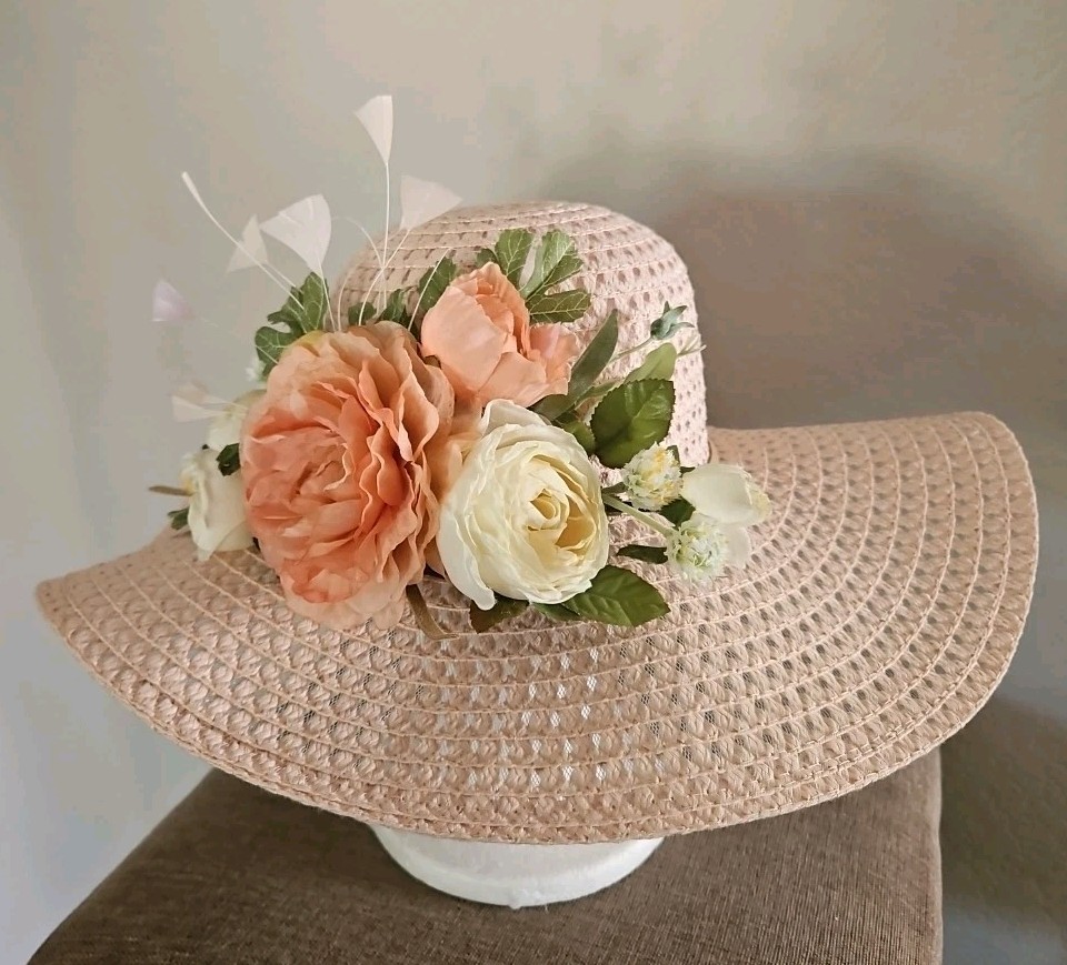 Gorgeous Custom Kentucky Derby Hat Peach Coral Ivory Flower  display picture 2