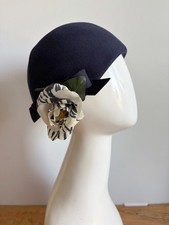Vintage 1960s ADOLFO Blue Wool Cloche Hat w/ Floral Detail Flapper Mod Cosplay