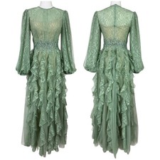 Mac Duggal NWT High Neck Fully Laced Embellished Cascading Ruffle Gown Size 2