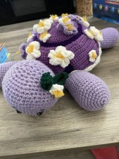 Crocheted Purple 13  Turtle With Flower Accents On Shell And Head Beaded Eyes