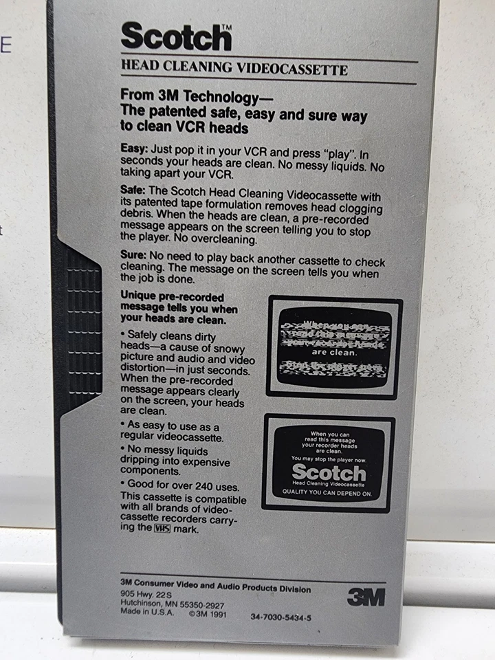 Scotch Head Limpieza Video Cassette Tecnología 3M VCR Limpiador VHS Usado Foto 2 de 4