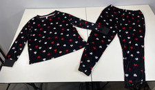 Joyspun Womens Velour Pajama Sleep Set Black Red Pink Hearts Sz M 8-10
