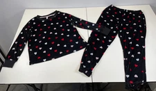 Joyspun Womens Velour Pajama Sleep Set Black Red Pink Hearts Sz M 8-10