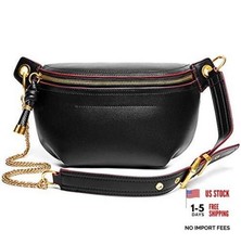 Women Chain Strap Cross-body Bags Genuine Leather Waist Bag with Zipper Black