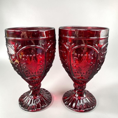 Fitz & Floyd Trestle Ruby Glass Goblets Embossed Medallion Teardrop Pattern Set2