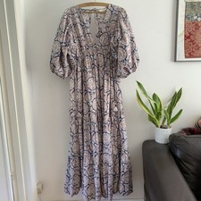 Mango X Chufy Dress Maxi Cotton Print Puff Medium Blue Red Indian Boho
