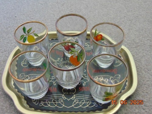 Vintage French Shot Glasses with Metal Drinks Tray