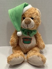 Kellytoy Plush Golden Brown Bear Green Santa Hat/Bow Tie Santa Sack On Belly  09