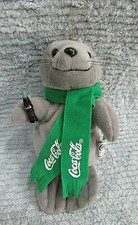 Old 1998 Coke Coca Cola Gray Seal w Green Scarf Vintage Plush Toy Stuffed Animal