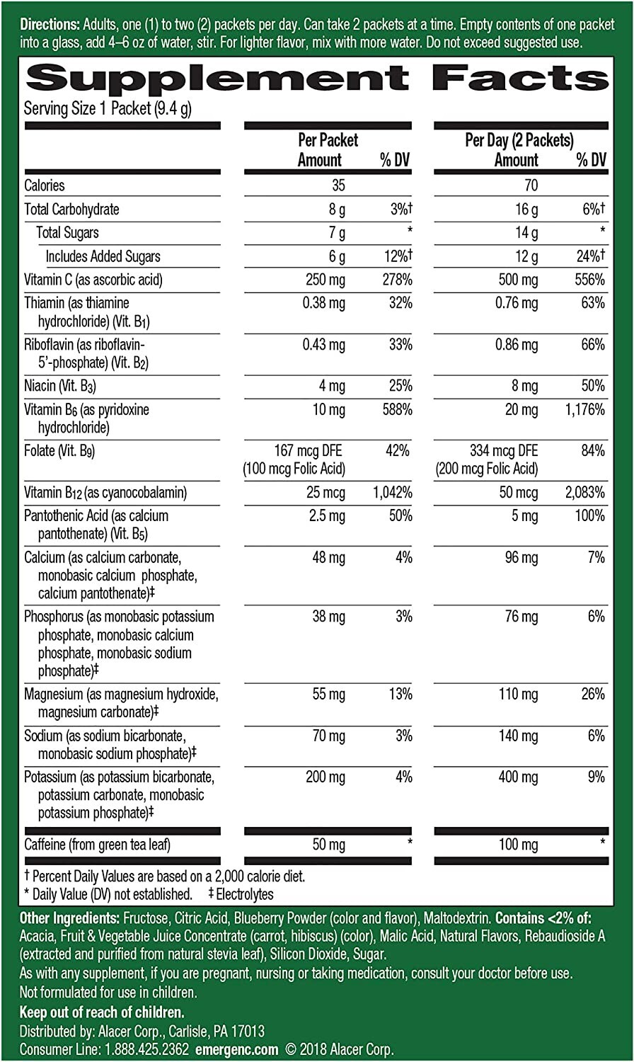 Emergen-C Energy Plus Drink Mix Packets, Blueberry-Acai Flavor, 18 Ea - 3 PACK