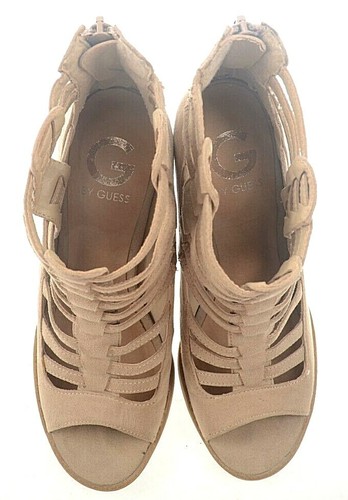 G by Guess Zip up Caged Ankle Booties Peep Toe Chunky Heel Tan Women US Sz 6.5  - Picture 5 of 9