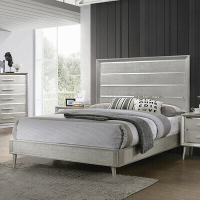 Silver Metallic Sterling Mirrored Acrylic King Bed Bedroom