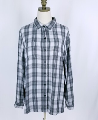 Cabelas Long Sleeve Button Down Shirt Womens Size 2X Gray Plaid Roll Tab Sleeve
