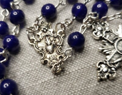 Vintage Rosary Catholic Sacred Heart Blue beads Christian H19