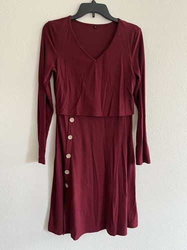 Maroon Maternity Nursing Dress Knit Long Sleeve V-Neck Knee Length Midi Size S