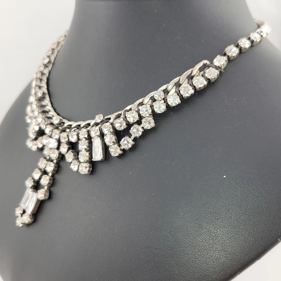 Designer Signed Fossil Chunky White Rhinestone Bib Waterfall Statement Necklace - Image 3 of 4