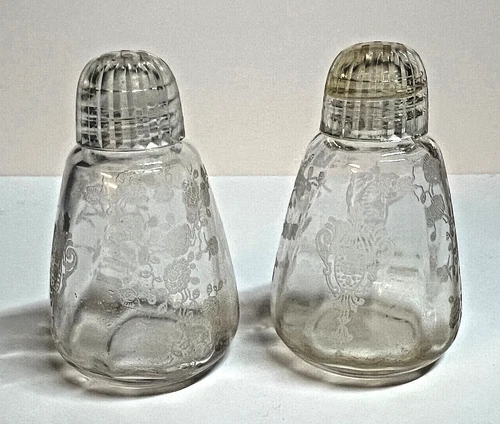 Cambridge • Rose Point Clear Etched • Salt & Pepper Shakers w/ Plastic Lids