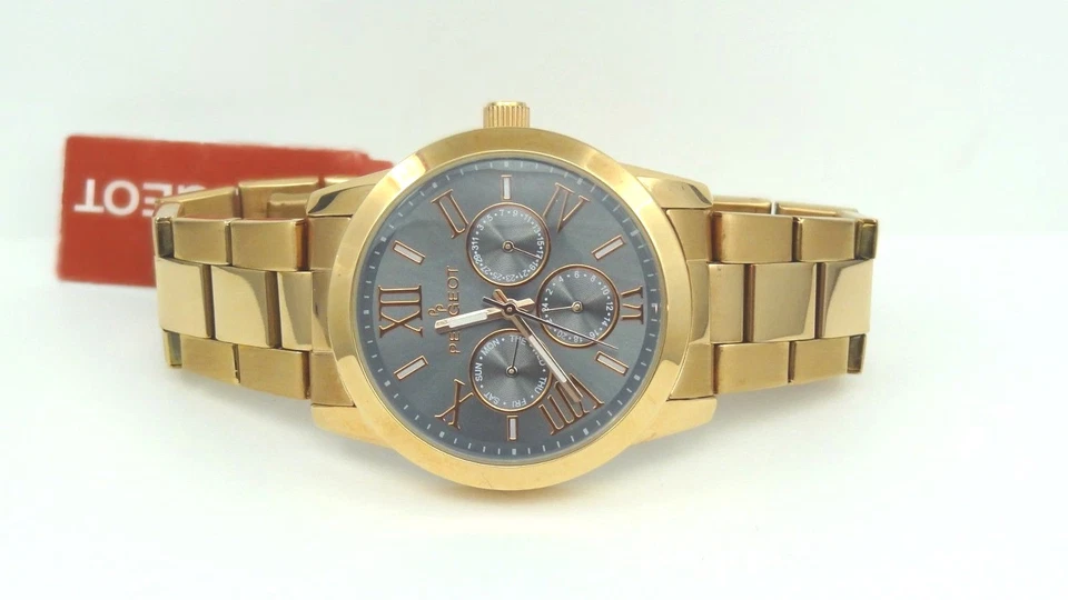 Reloj para mujer Peugeot 7095 día/fecha esfera gris tono oro rosa acero inoxidable Foto 2 de 4