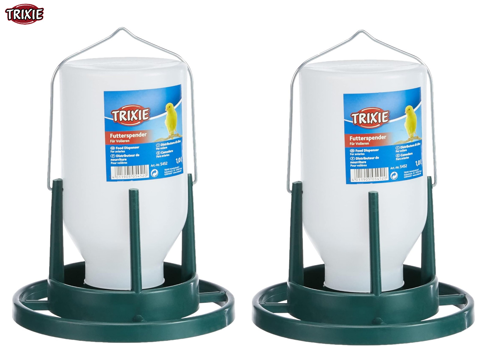 2 X TRIXIE PLASTIC HANGING BIRD BUDGIE AVIARY 1LTR FOOD FEEDER DISPENSER 5452