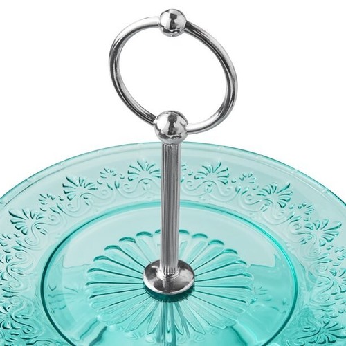 Pioneer Woman 2 Tiered Dessert Server Cassie Embossed Glass Teal or Clear U Pick - Picture 9 of 24