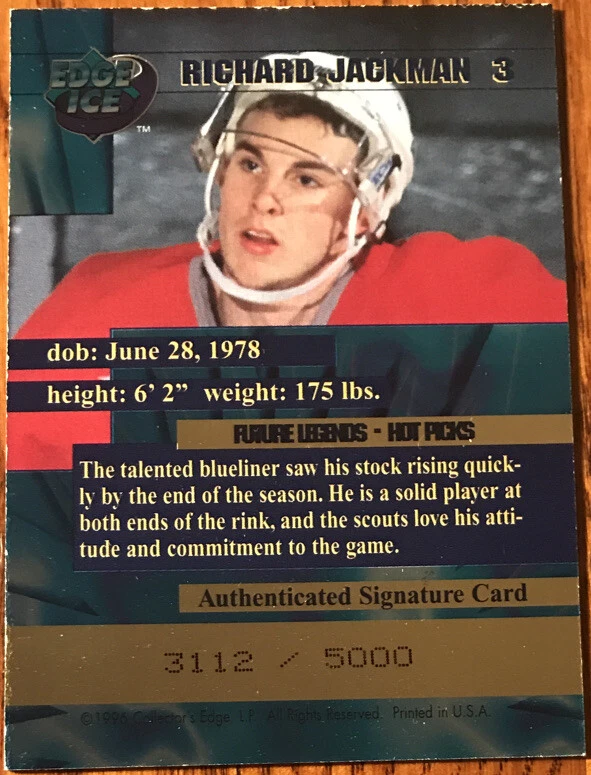 Collector’s Edge Ice Future Legends 1996 Hot Picks autógrafos Richard Jackman #3 Foto 2 de 2