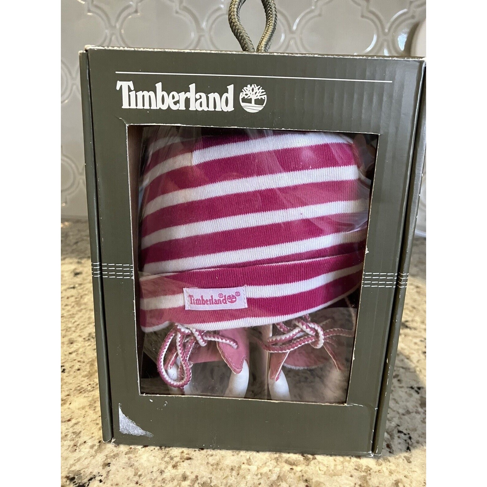 PONY Timberland Neonato Culla Stivaletti Cappello Confezione Regalo con Beanie Rosa 9680R e Taglia 2