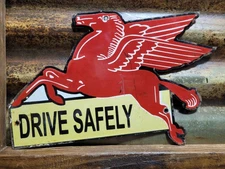 VINTAGE MOBIL PORCELAIN SIGN OLD FLYING PEGASUS HORSE GAS PUMP OIL DRIVE SAFELY