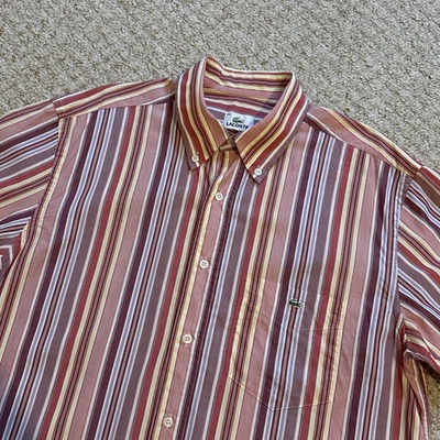 Lacoste Mens Medium Striped Shirt Red Pink Short Sleeve Button Down - Image 1 of 4